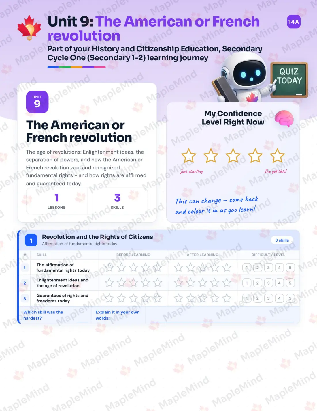 Page 31 of 57 from the History and Citizenship Education, Secondary Cycle One (Secondary 1-2) Quebec Course Companion — skills tracker with before and after self-assessment