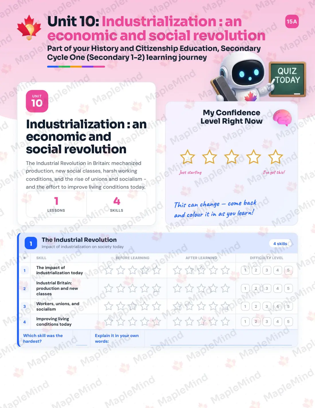 Page 34 of 57 from the History and Citizenship Education, Secondary Cycle One (Secondary 1-2) Quebec Course Companion — skills tracker with before and after self-assessment