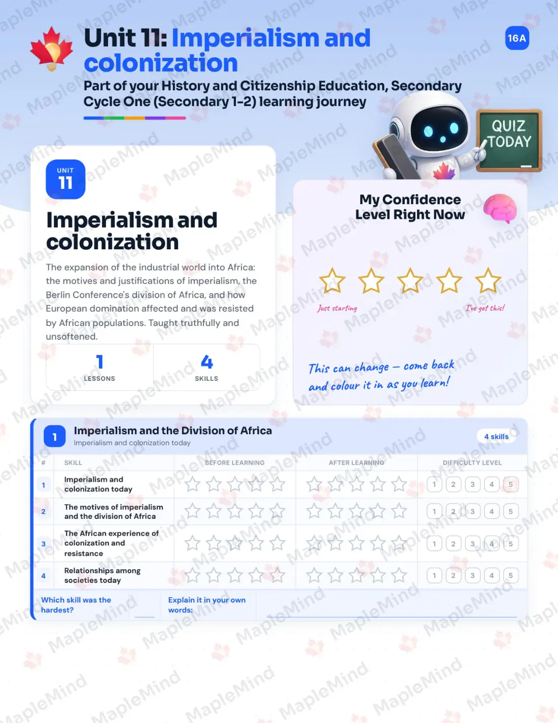 Page 37 of 57 from the History and Citizenship Education, Secondary Cycle One (Secondary 1-2) Quebec Course Companion — skills tracker with before and after self-assessment
