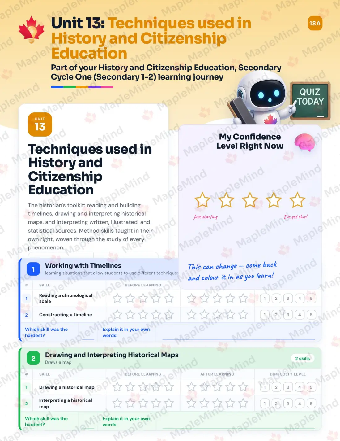Page 43 of 57 from the History and Citizenship Education, Secondary Cycle One (Secondary 1-2) Quebec Course Companion — skills tracker with before and after self-assessment