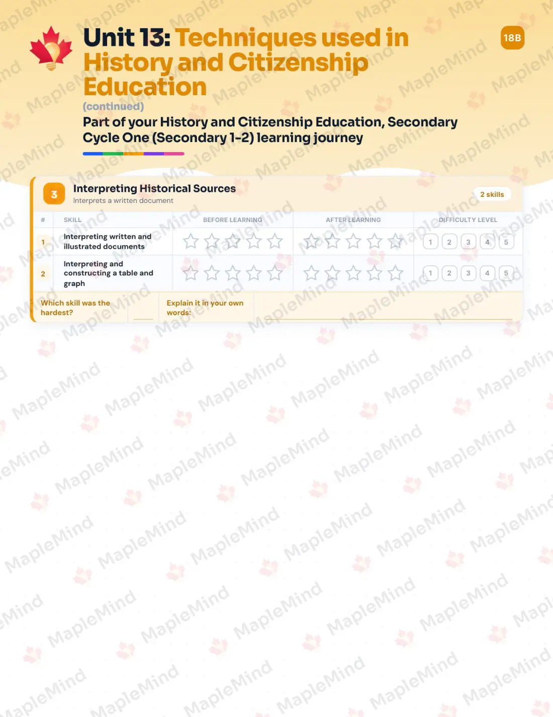 Page 44 of 57 from the History and Citizenship Education, Secondary Cycle One (Secondary 1-2) Quebec Course Companion — skills tracker with before and after self-assessment