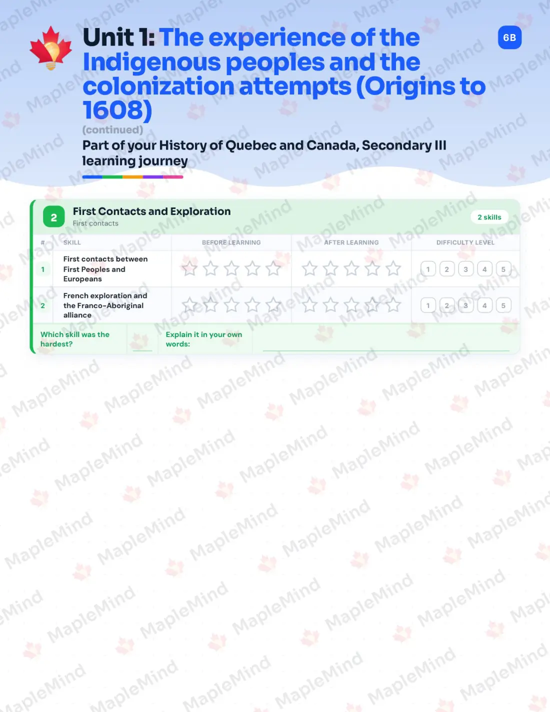 Page 7 of 31 from the History of Quebec and Canada, Secondary III Quebec Course Companion — skills tracker with before and after self-assessment