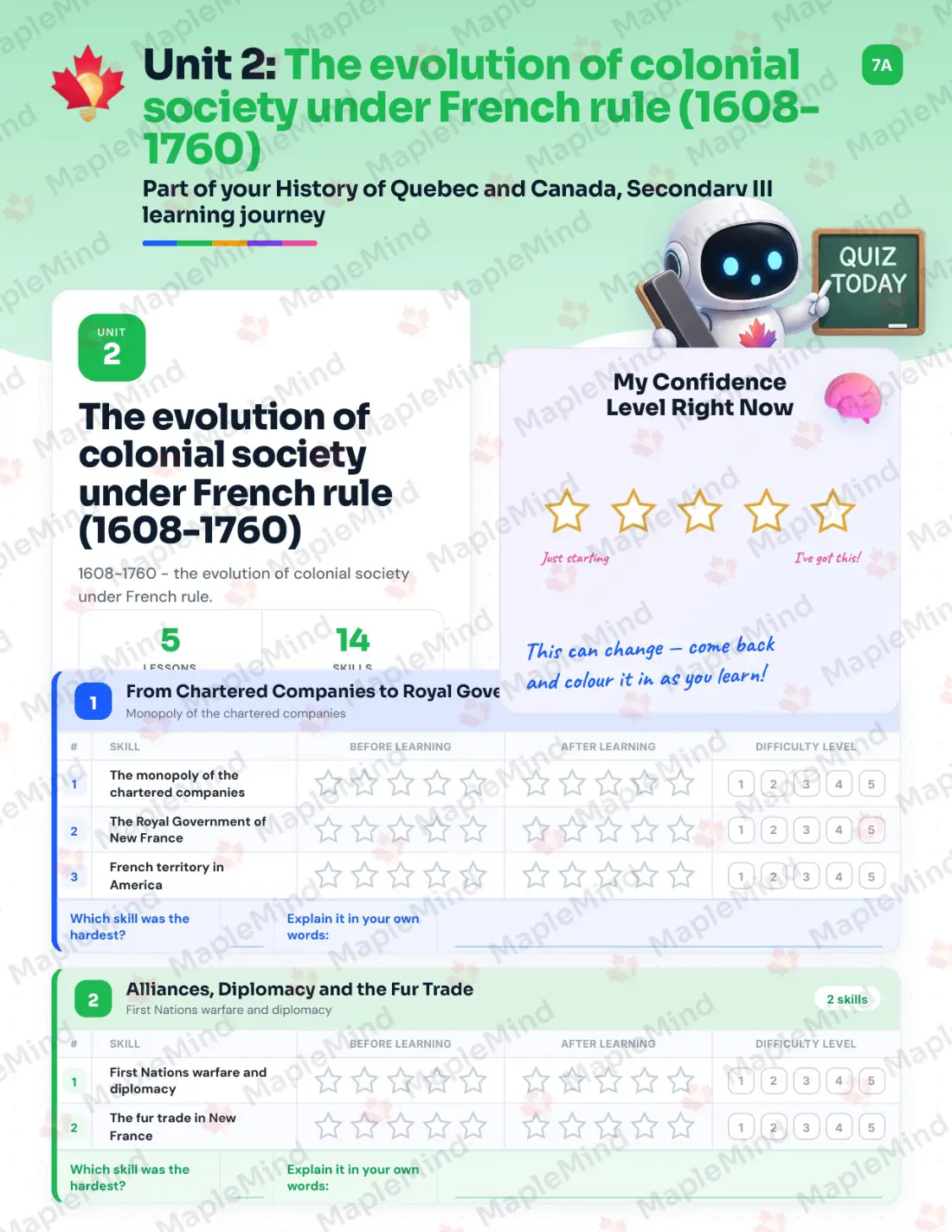 Page 10 of 31 from the History of Quebec and Canada, Secondary III Quebec Course Companion — skills tracker with before and after self-assessment