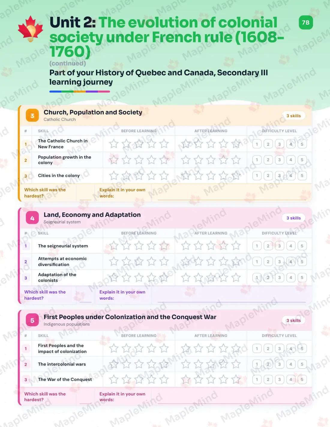 Page 11 of 31 from the History of Quebec and Canada, Secondary III Quebec Course Companion — skills tracker with before and after self-assessment