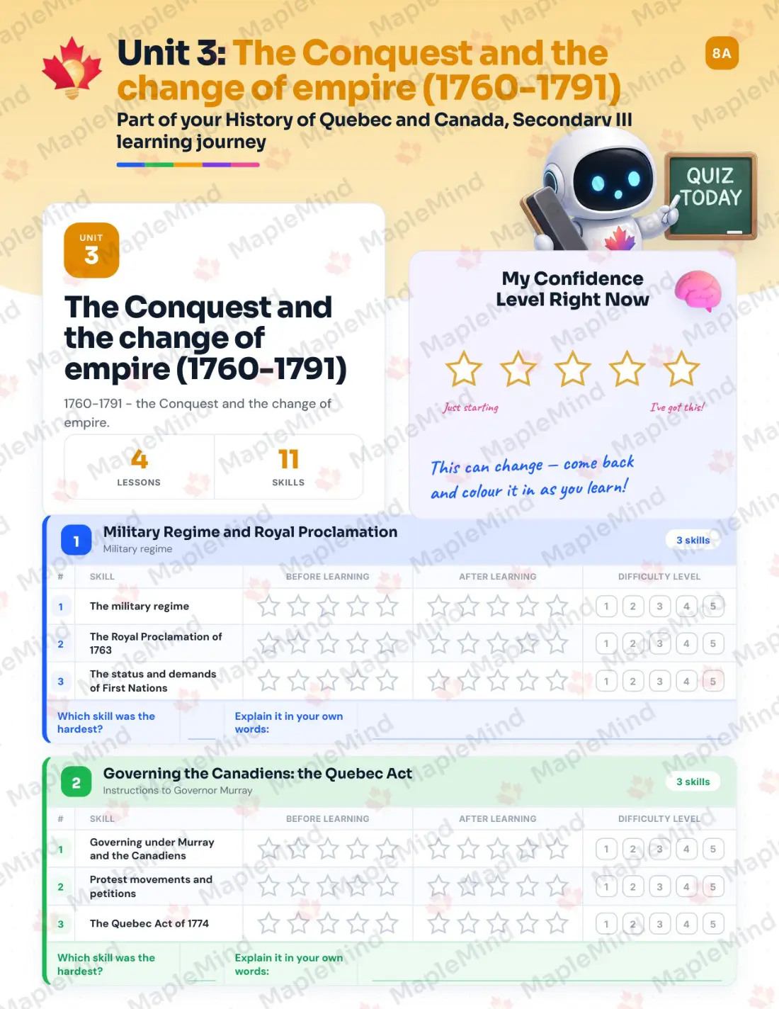 Page 14 of 31 from the History of Quebec and Canada, Secondary III Quebec Course Companion — skills tracker with before and after self-assessment