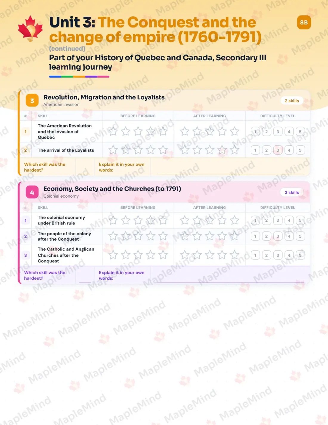 Page 15 of 31 from the History of Quebec and Canada, Secondary III Quebec Course Companion — skills tracker with before and after self-assessment