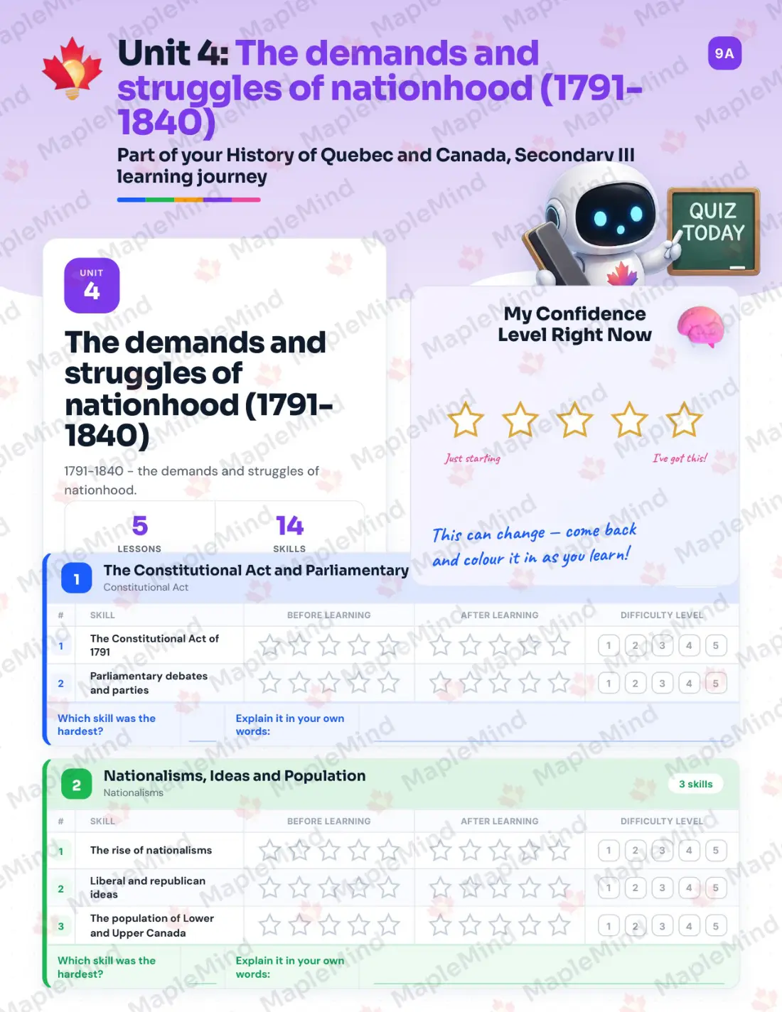 Page 18 of 31 from the History of Quebec and Canada, Secondary III Quebec Course Companion — skills tracker with before and after self-assessment