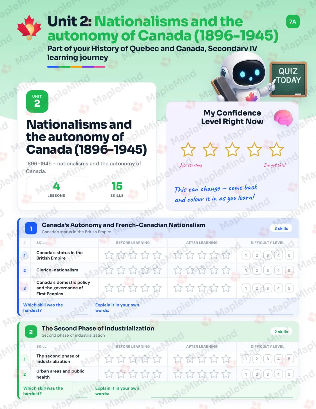 Page 10 of 32 from the History of Quebec and Canada, Secondary IV Quebec Course Companion — skills tracker with before and after self-assessment