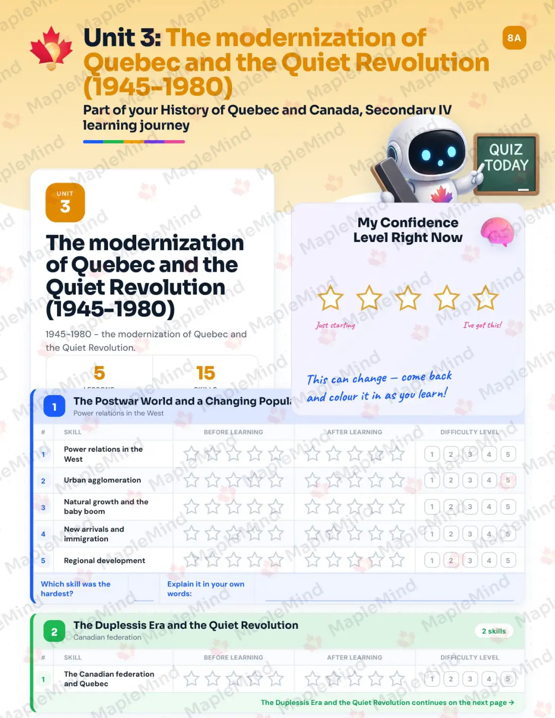 Page 14 of 32 from the History of Quebec and Canada, Secondary IV Quebec Course Companion — skills tracker with before and after self-assessment