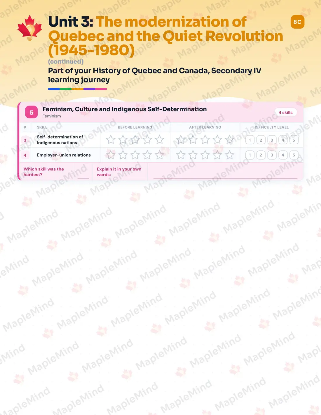 Page 16 of 32 from the History of Quebec and Canada, Secondary IV Quebec Course Companion — skills tracker with before and after self-assessment
