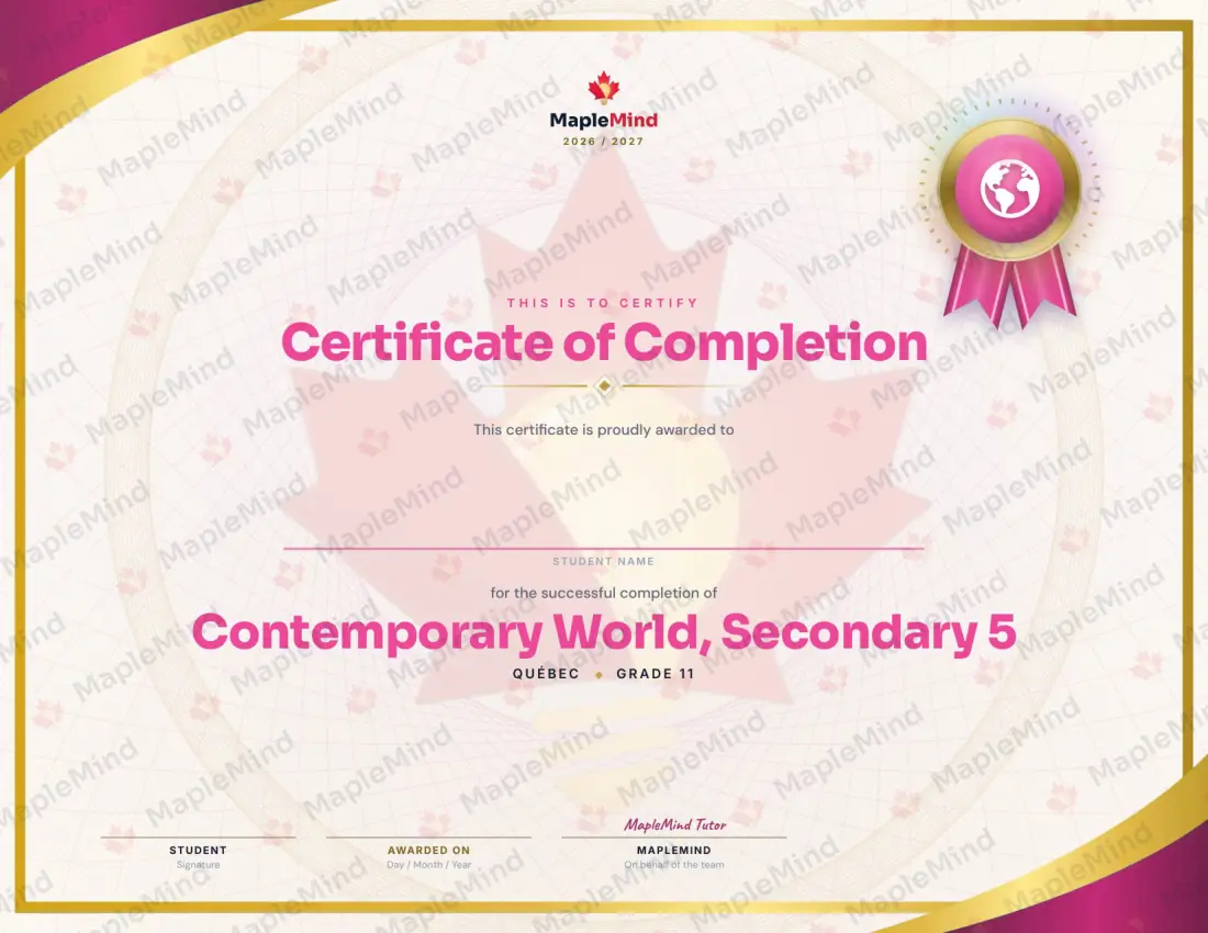 Page 26 of 26 from the Contemporary World, Secondary 5 Quebec Course Companion — year in review and certificate of completion