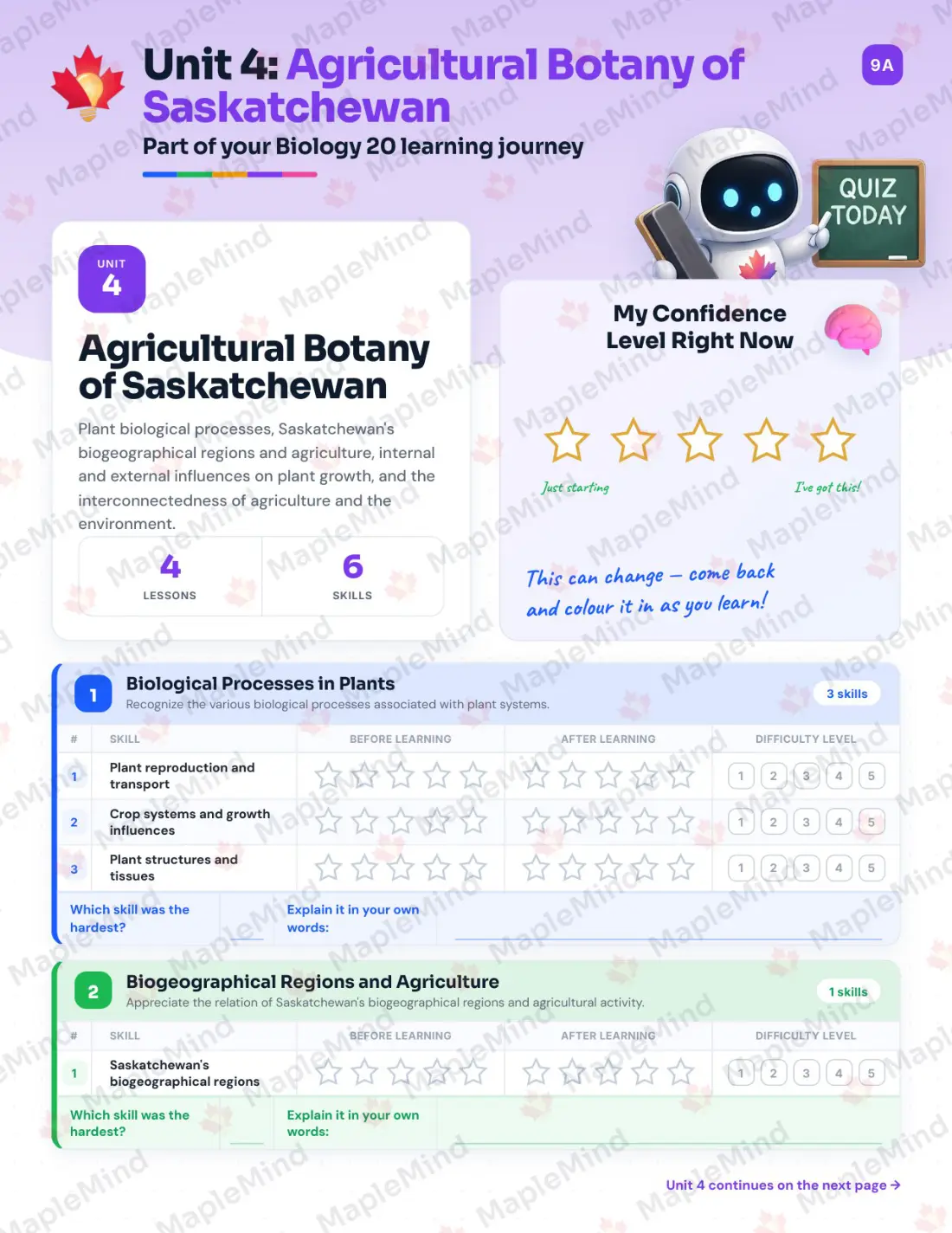 Page 17 of 30 from the Biology 20 Saskatchewan Course Companion — skills tracker with before and after self-assessment