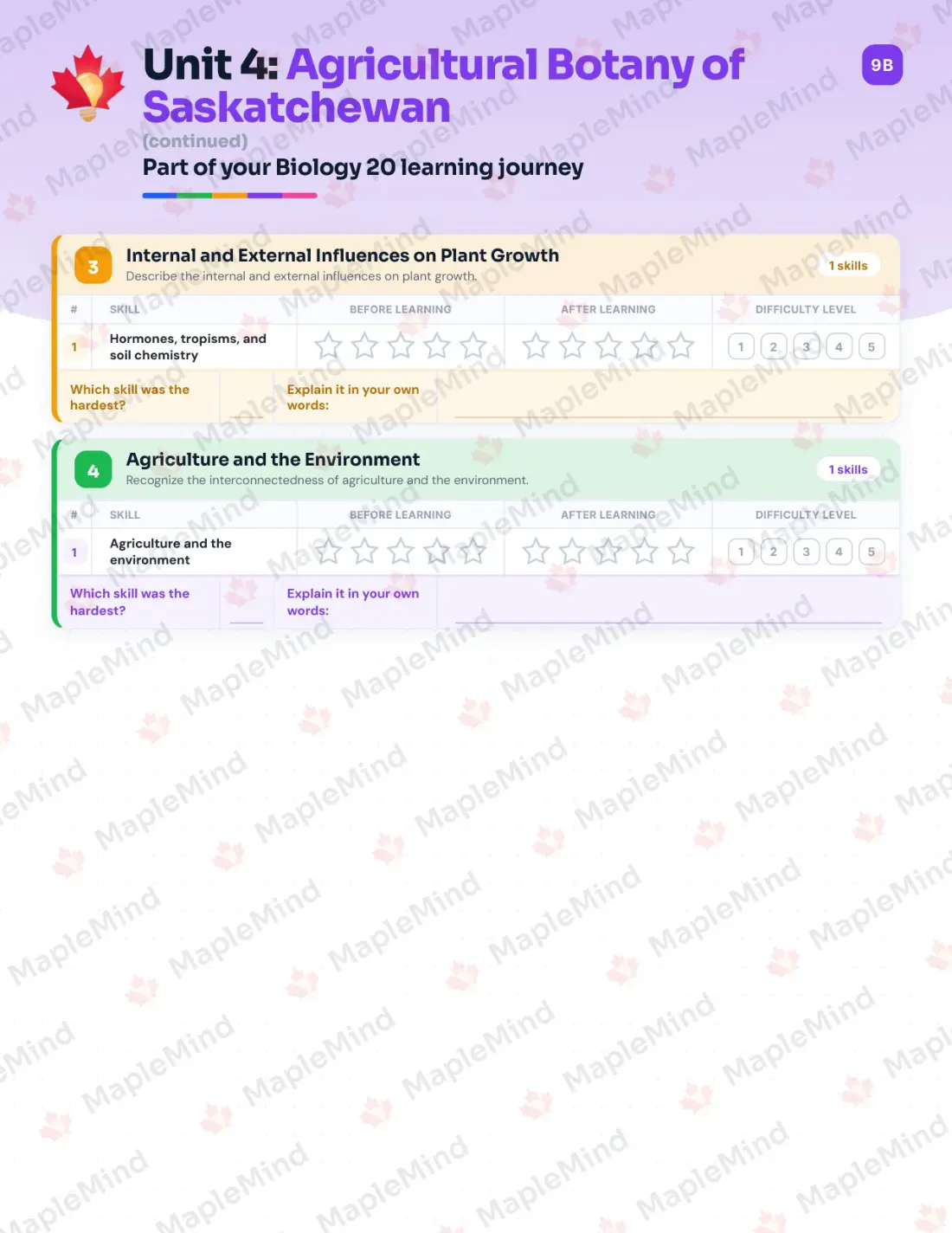Page 18 of 30 from the Biology 20 Saskatchewan Course Companion — skills tracker with before and after self-assessment