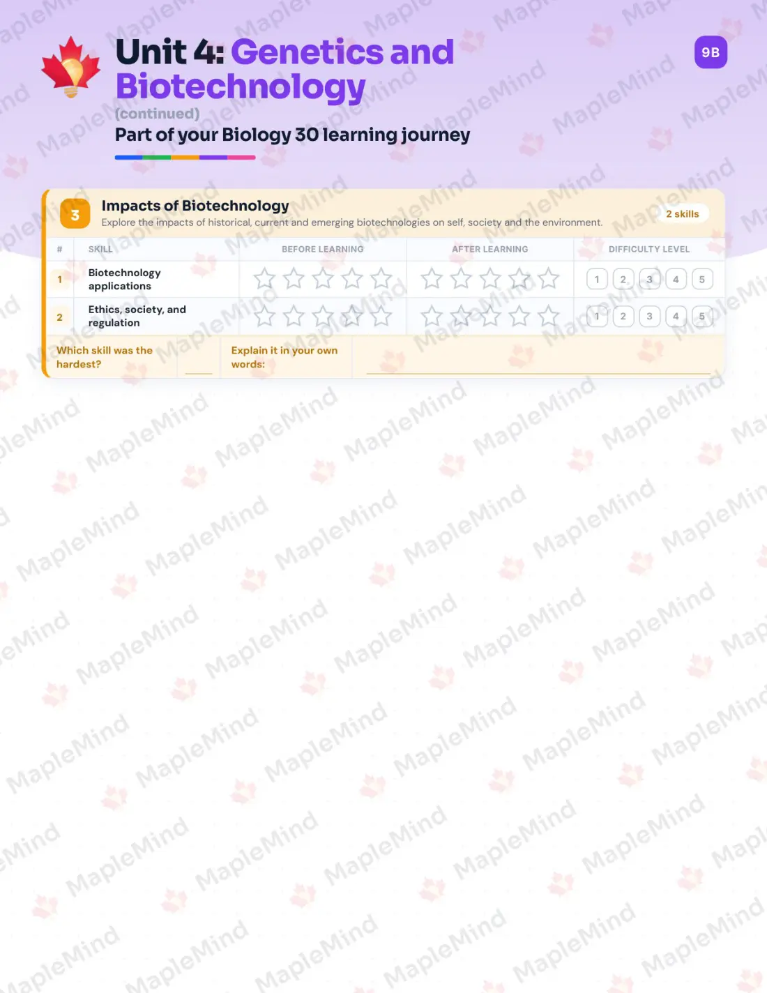 Page 17 of 29 from the Biology 30 Saskatchewan Course Companion — skills tracker with before and after self-assessment