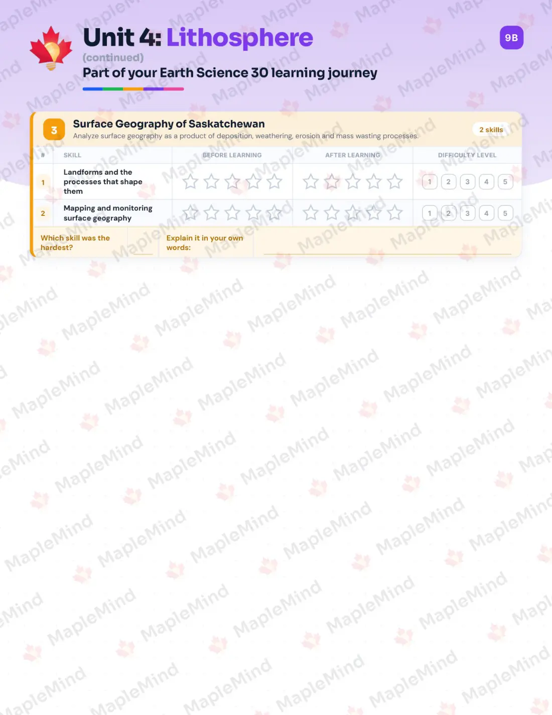 Page 17 of 33 from the Earth Science 30 Saskatchewan Course Companion — skills tracker with before and after self-assessment