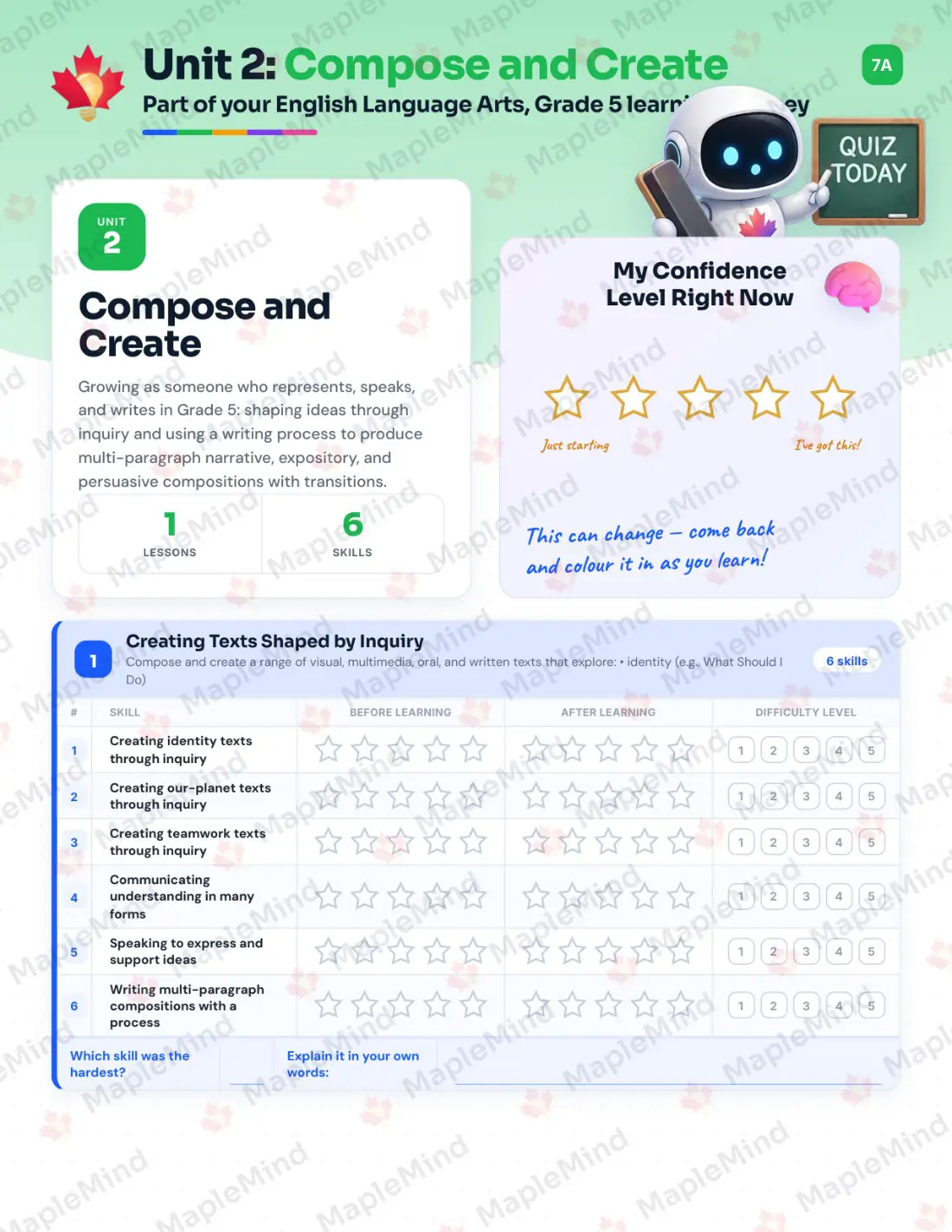 Page 9 of 23 from the English Language Arts, Grade 5 Saskatchewan Course Companion — skills tracker with before and after self-assessment
