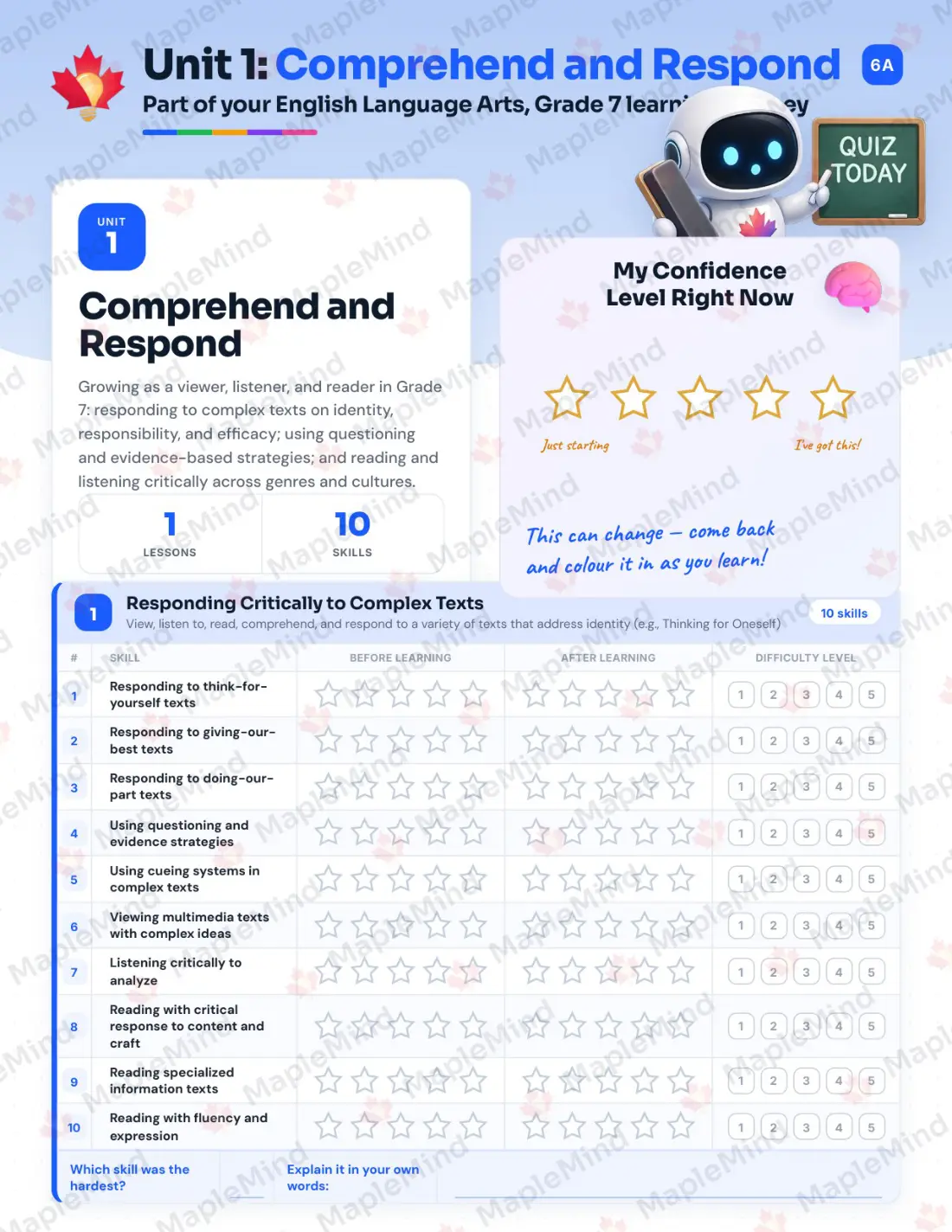 Page 6 of 24 from the English Language Arts, Grade 7 Saskatchewan Course Companion — skills tracker with before and after self-assessment