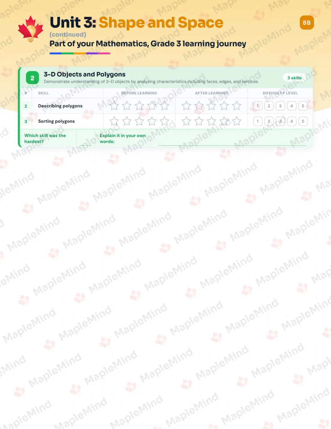 Page 14 of 29 from the Mathematics, Grade 3 Saskatchewan Course Companion — skills tracker with before and after self-assessment