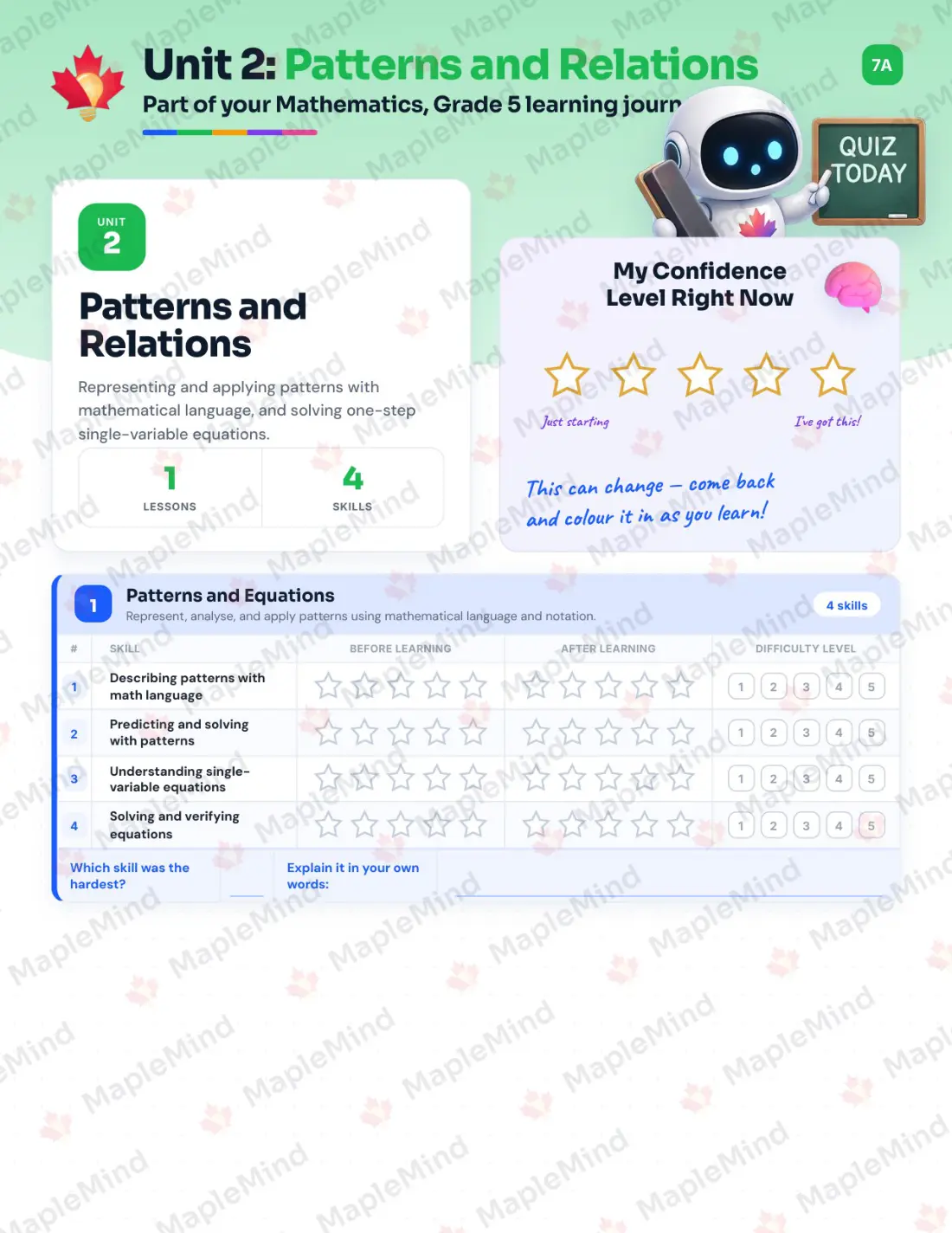 Page 10 of 29 from the Mathematics, Grade 5 Saskatchewan Course Companion — skills tracker with before and after self-assessment