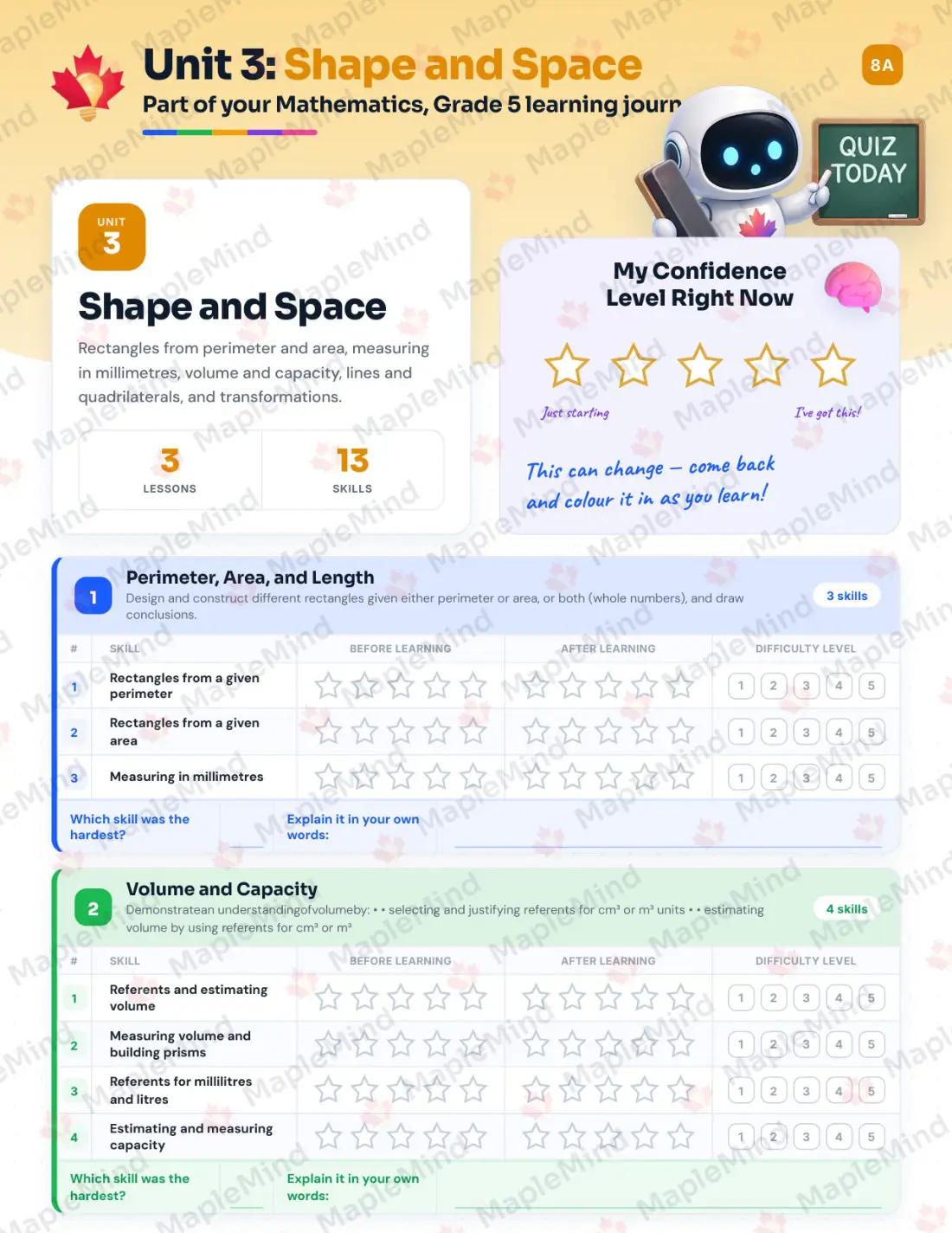 Page 13 of 29 from the Mathematics, Grade 5 Saskatchewan Course Companion — skills tracker with before and after self-assessment