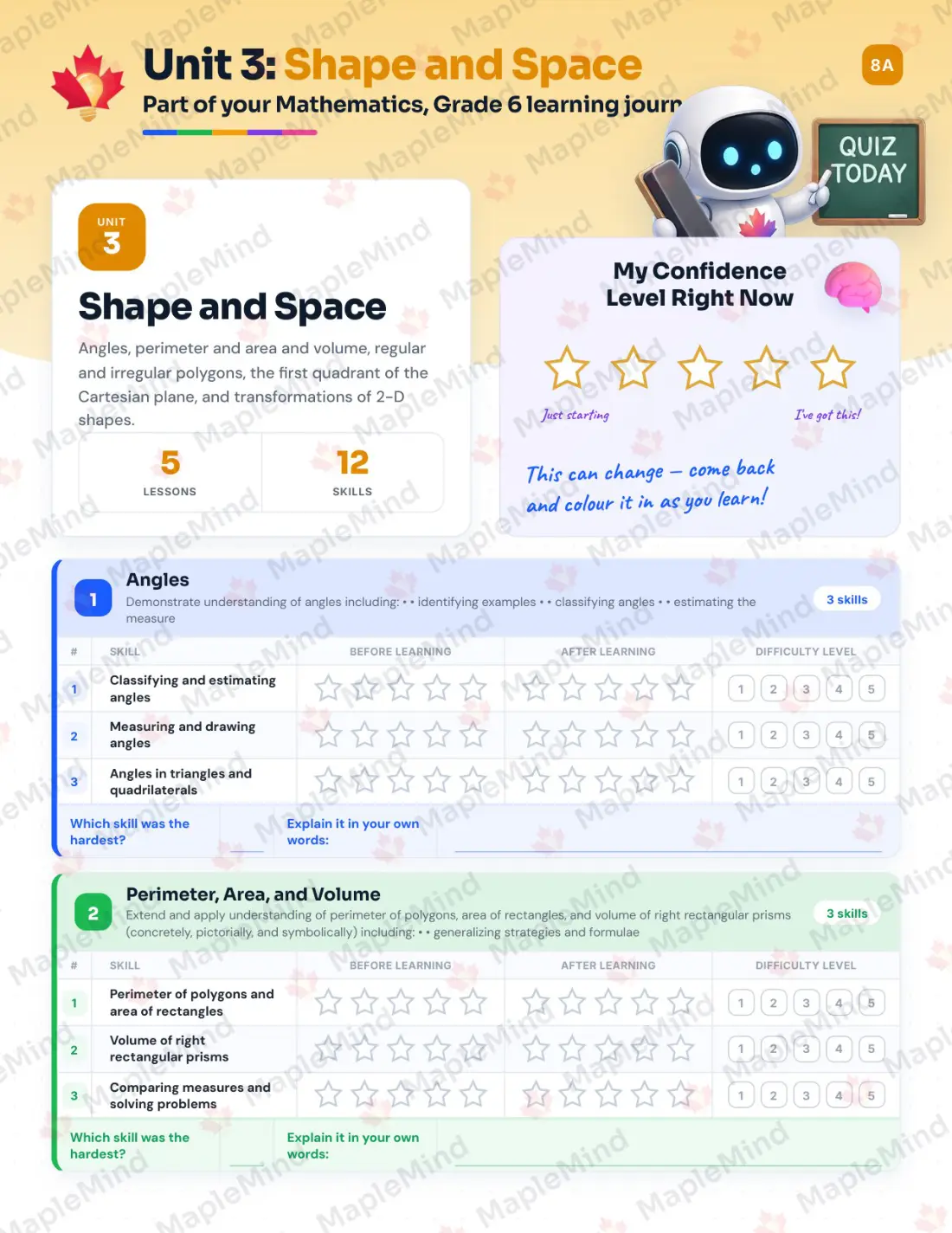 Page 16 of 32 from the Mathematics, Grade 6 Saskatchewan Course Companion — skills tracker with before and after self-assessment