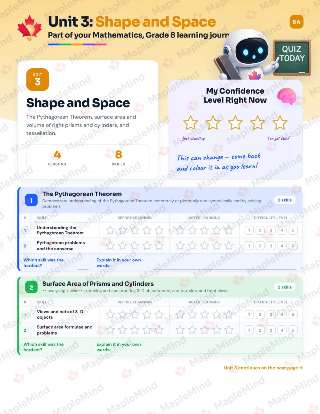 Page 13 of 29 from the Mathematics, Grade 8 Saskatchewan Course Companion — skills tracker with before and after self-assessment