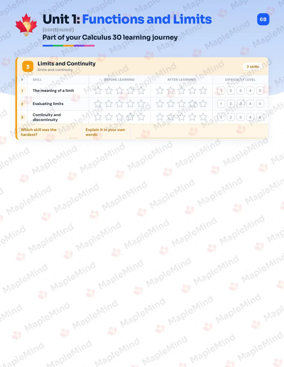 Page 7 of 25 from the Calculus 30 Saskatchewan Course Companion — skills tracker with before and after self-assessment