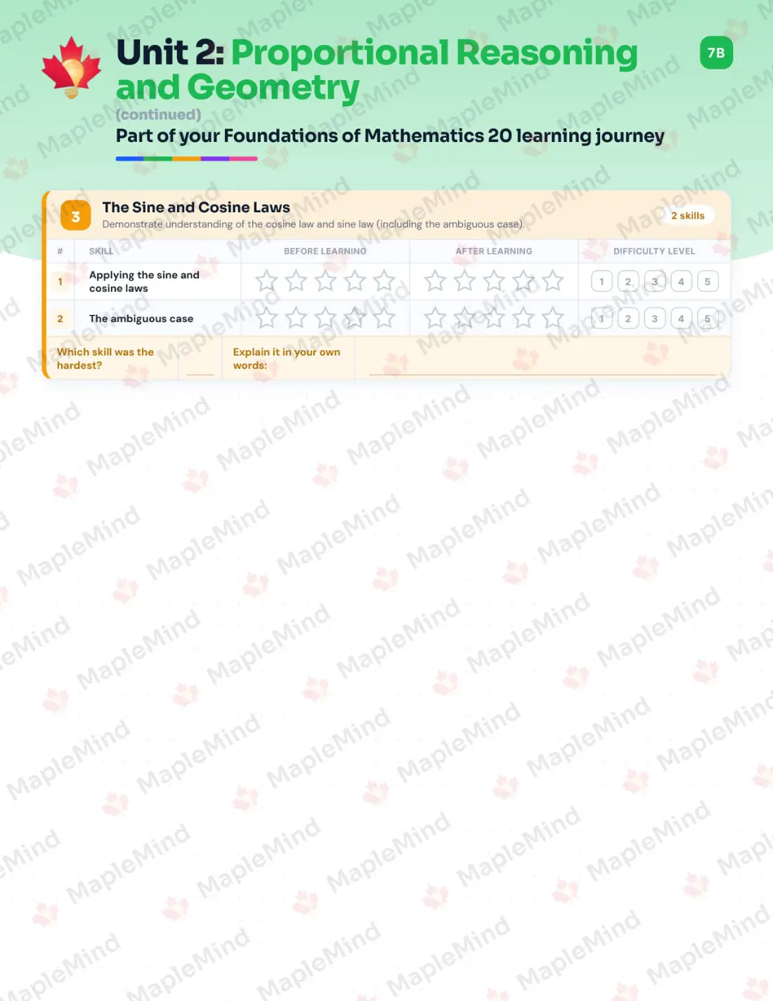 Page 10 of 28 from the Foundations of Mathematics 20 Saskatchewan Course Companion — skills tracker with before and after self-assessment