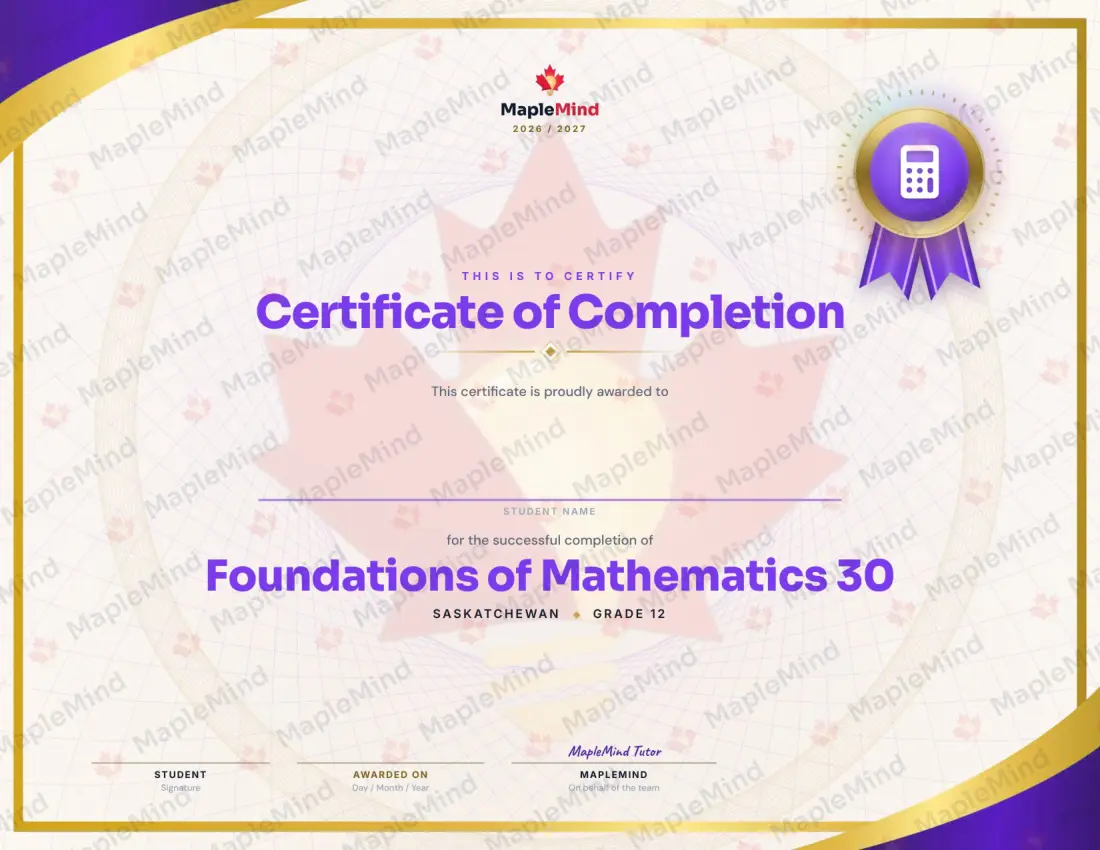 Page 35 of 35 from the Foundations of Mathematics 30 Saskatchewan Course Companion — year in review and certificate of completion