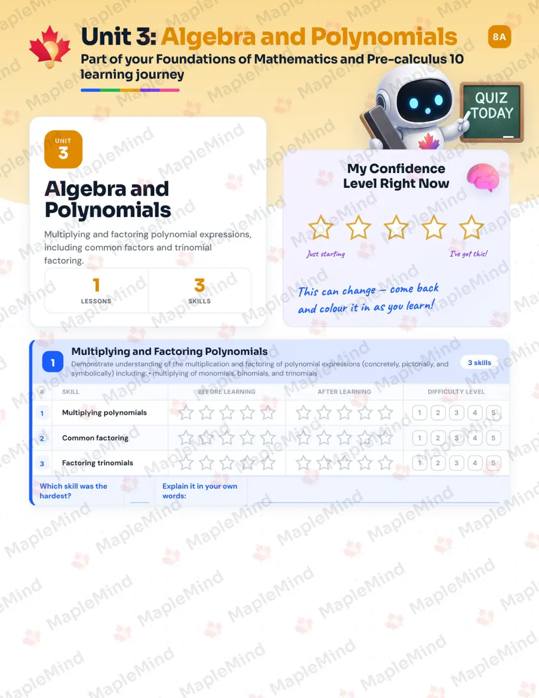 Page 13 of 32 from the Foundations of Mathematics and Pre-calculus 10 Saskatchewan Course Companion — skills tracker with before and after self-assessment