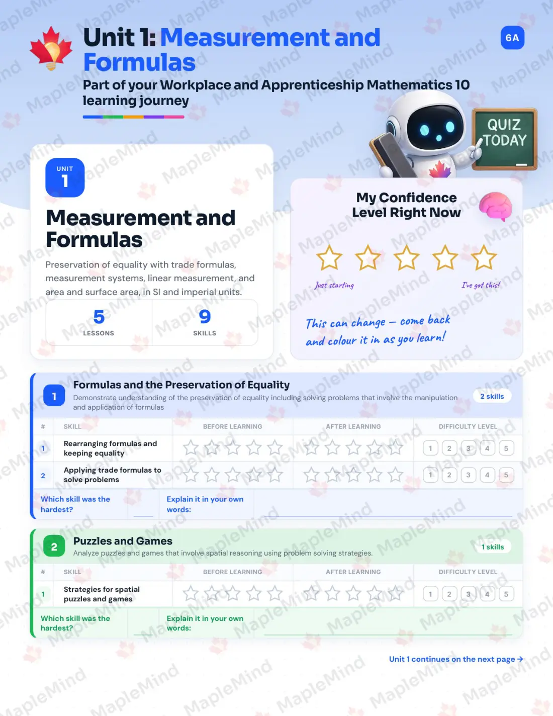 Page 6 of 25 from the Workplace and Apprenticeship Mathematics 10 Saskatchewan Course Companion — skills tracker with before and after self-assessment
