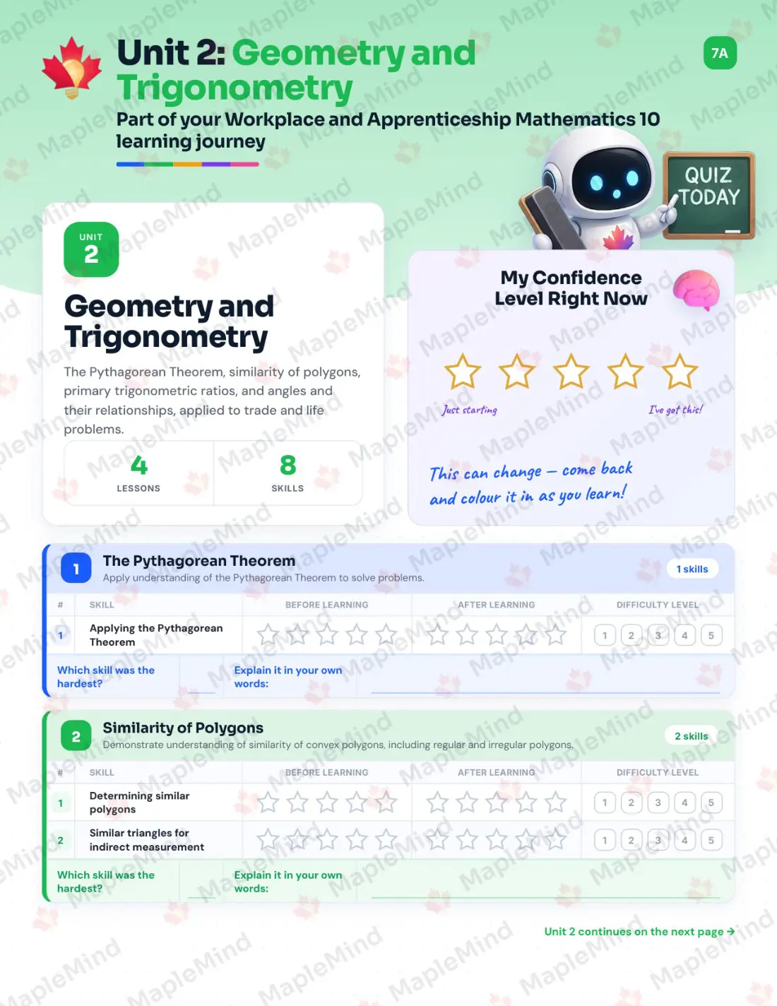 Page 10 of 25 from the Workplace and Apprenticeship Mathematics 10 Saskatchewan Course Companion — skills tracker with before and after self-assessment