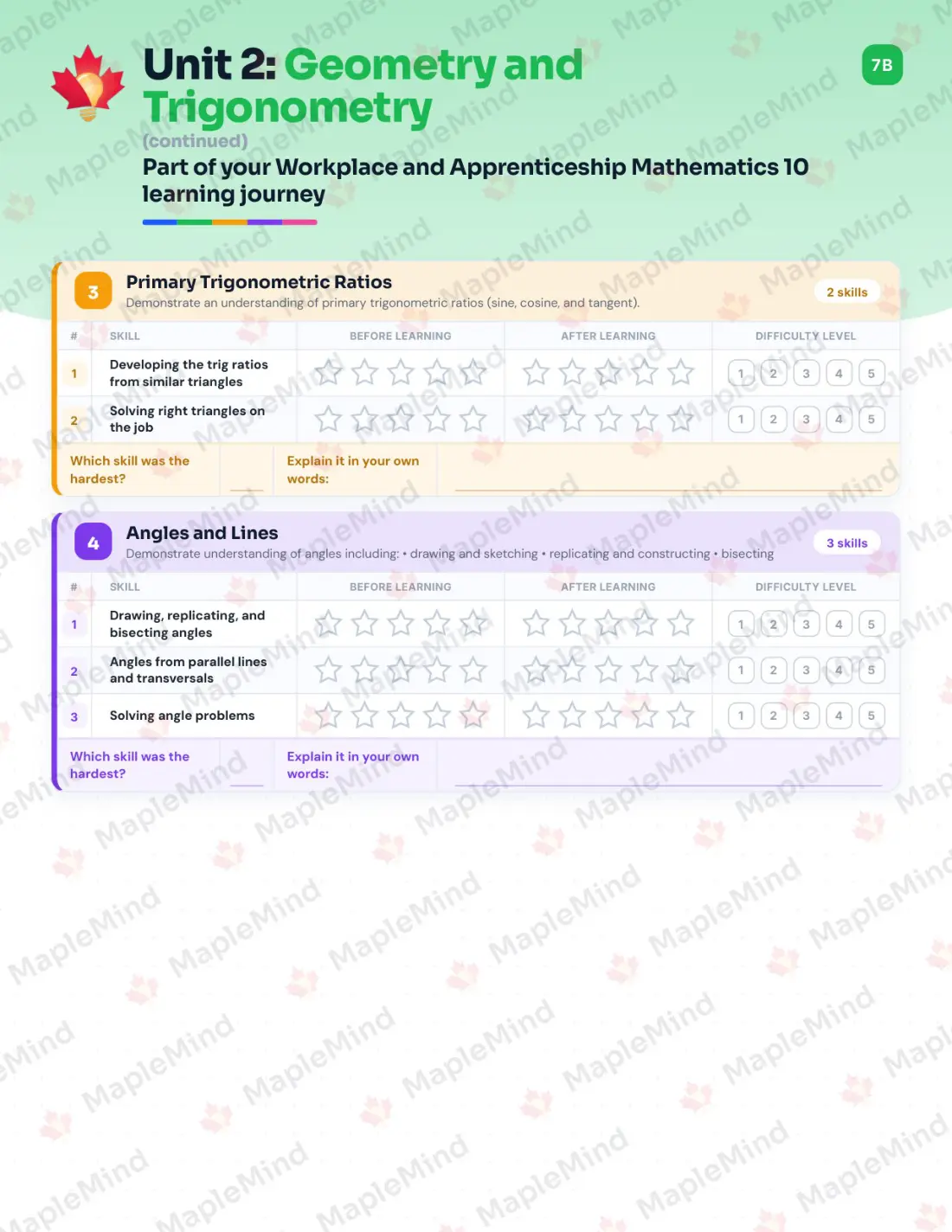 Page 11 of 25 from the Workplace and Apprenticeship Mathematics 10 Saskatchewan Course Companion — skills tracker with before and after self-assessment