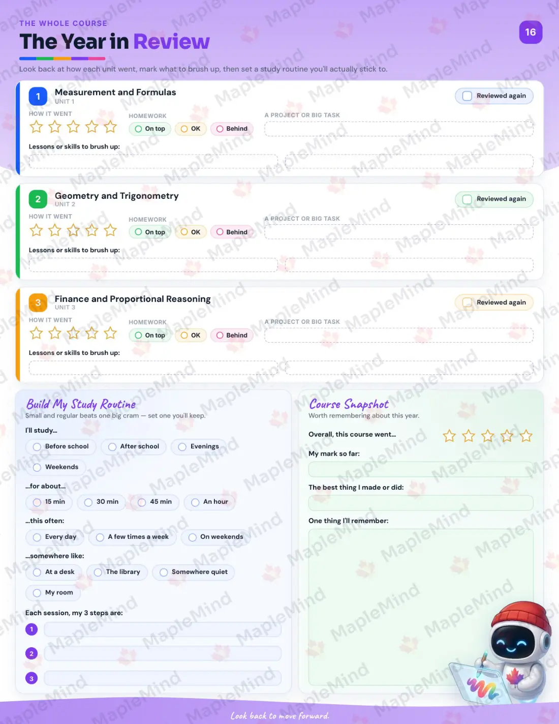 Page 24 of 25 from the Workplace and Apprenticeship Mathematics 10 Saskatchewan Course Companion — year in review and certificate of completion