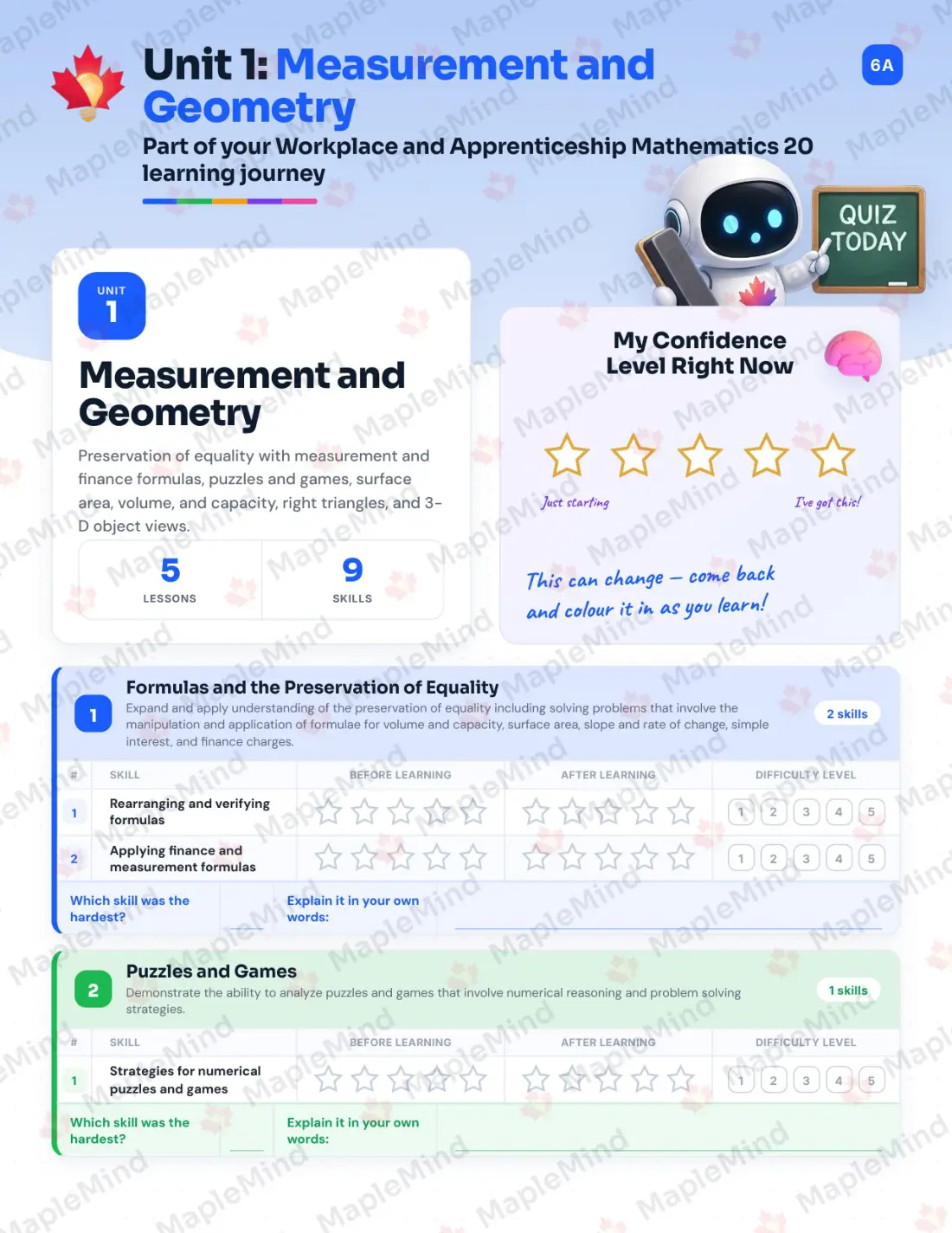 Page 6 of 26 from the Workplace and Apprenticeship Mathematics 20 Saskatchewan Course Companion — skills tracker with before and after self-assessment
