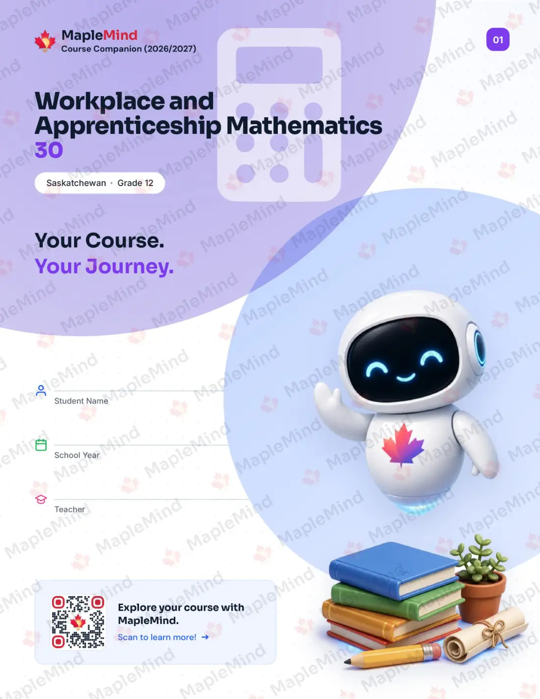 Page 1 of 25 from the Workplace and Apprenticeship Mathematics 30 Saskatchewan Course Companion — workbook cover