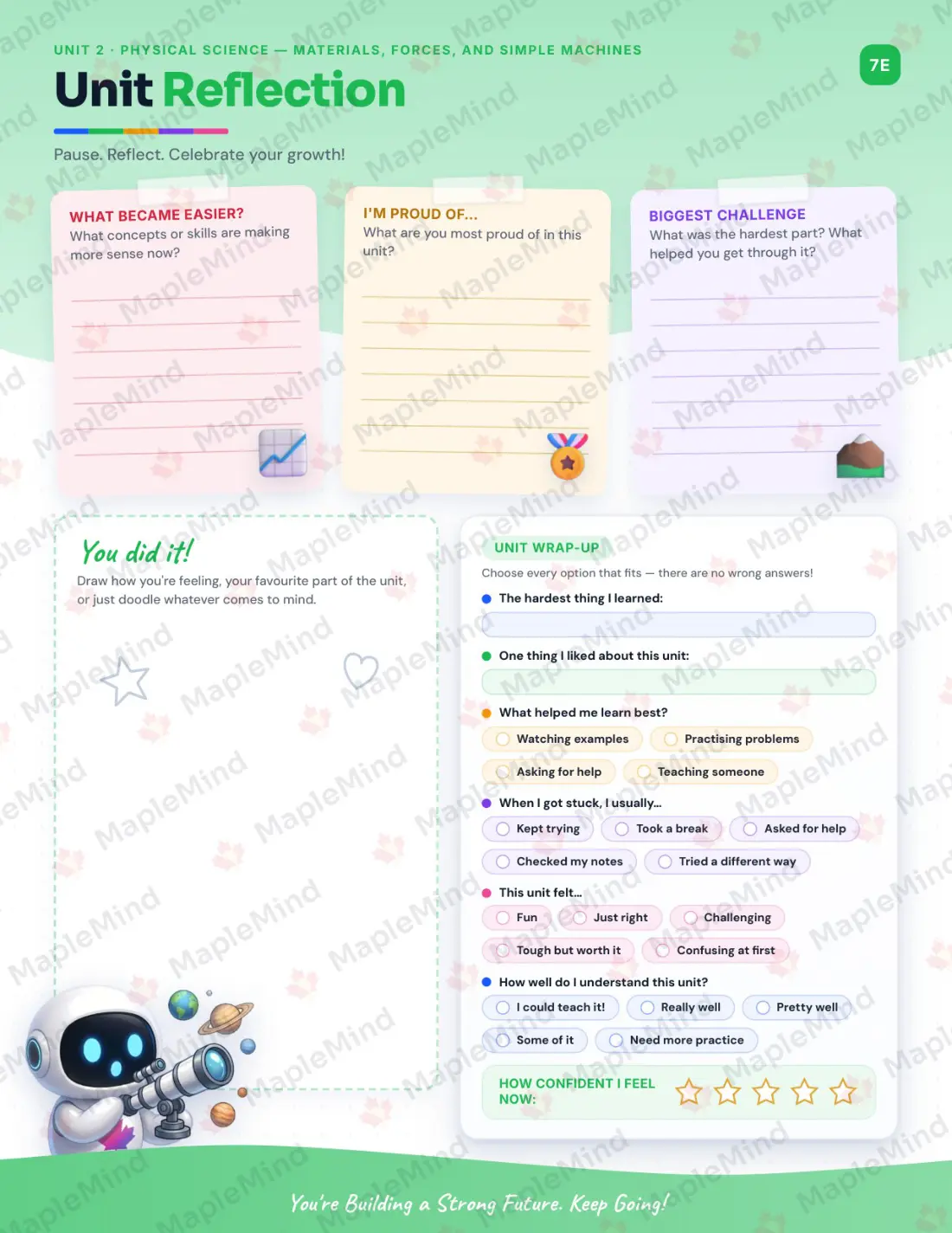 Page 14 of 27 from the Science, Grade 5 Saskatchewan Course Companion — skills tracker with before and after self-assessment