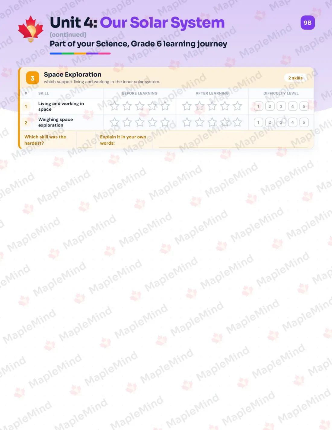 Page 19 of 31 from the Science, Grade 6 Saskatchewan Course Companion — skills tracker with before and after self-assessment