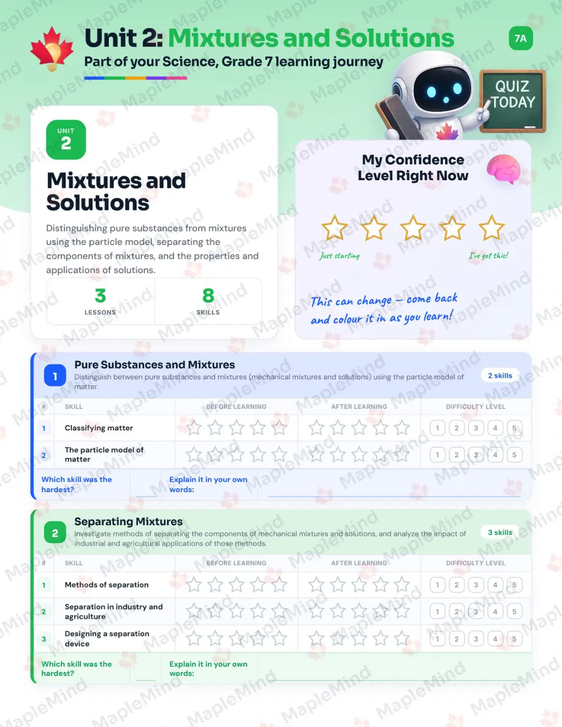 Page 10 of 31 from the Science, Grade 7 Saskatchewan Course Companion — skills tracker with before and after self-assessment