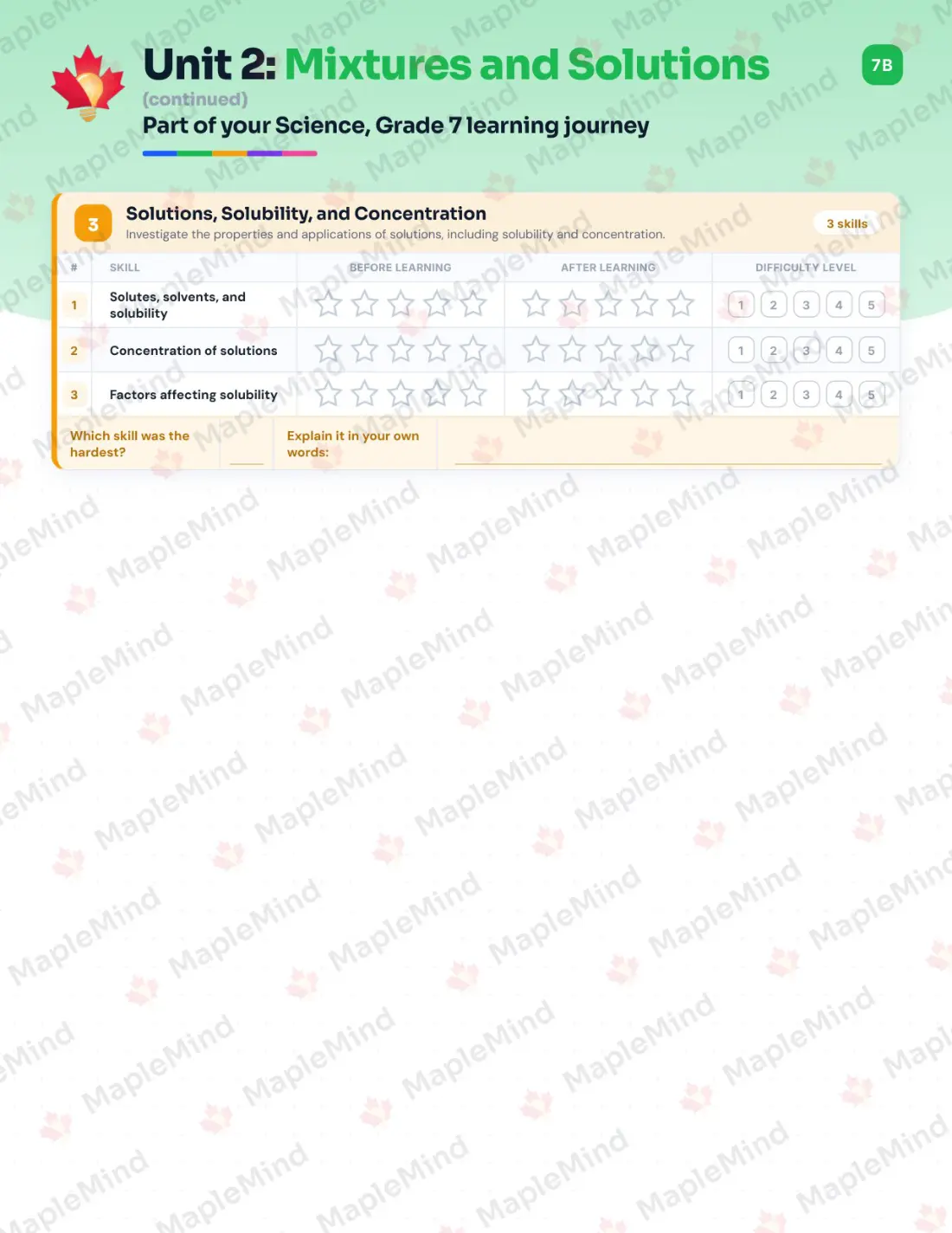 Page 11 of 31 from the Science, Grade 7 Saskatchewan Course Companion — skills tracker with before and after self-assessment