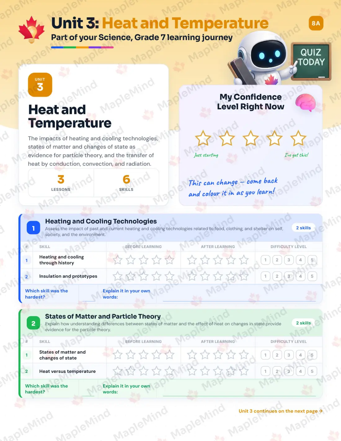 Page 14 of 31 from the Science, Grade 7 Saskatchewan Course Companion — skills tracker with before and after self-assessment