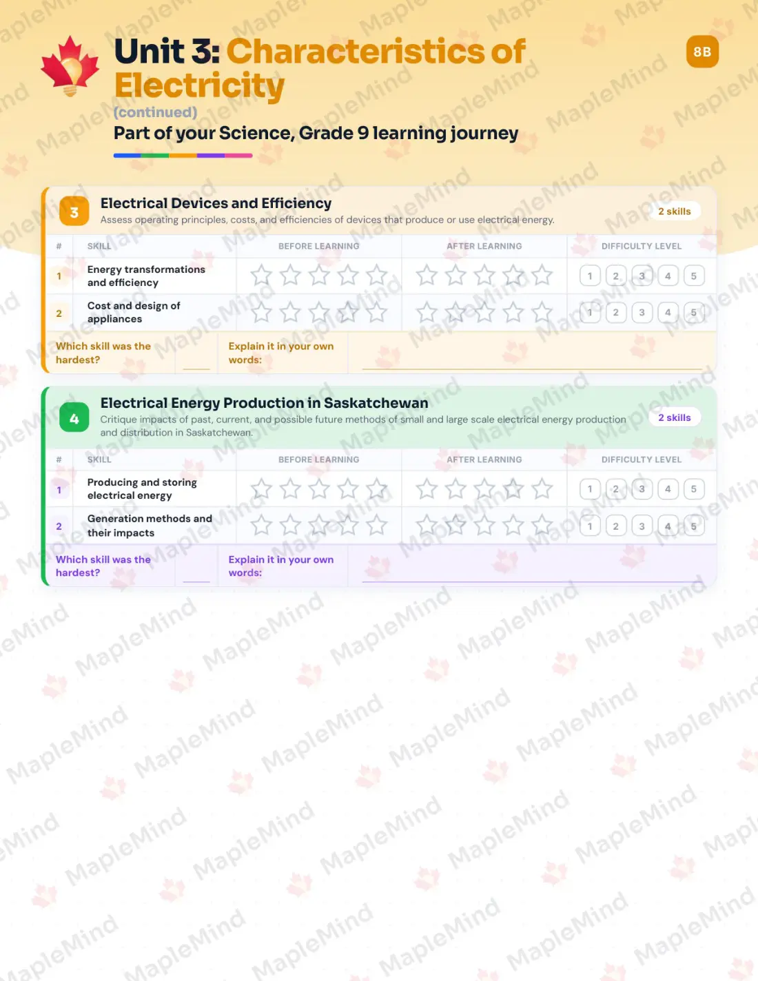 Page 16 of 32 from the Science, Grade 9 Saskatchewan Course Companion — skills tracker with before and after self-assessment