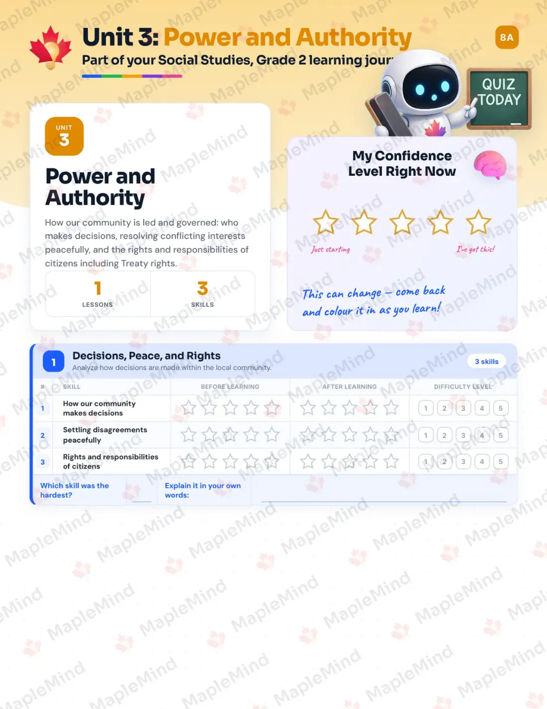 Page 12 of 27 from the Social Studies, Grade 2 Saskatchewan Course Companion — skills tracker with before and after self-assessment