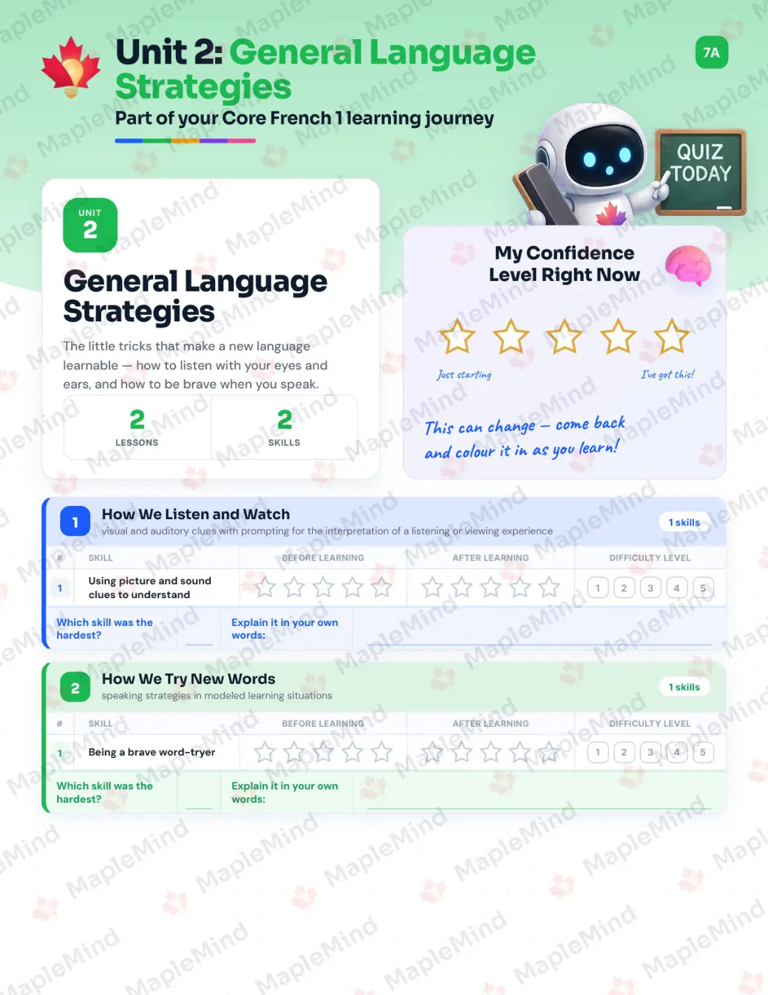 Page 10 of 28 from the Core French 1 Saskatchewan Course Companion — skills tracker with before and after self-assessment