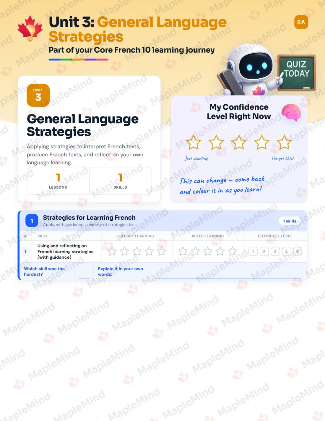 Page 12 of 27 from the Core French 10 Saskatchewan Course Companion — skills tracker with before and after self-assessment