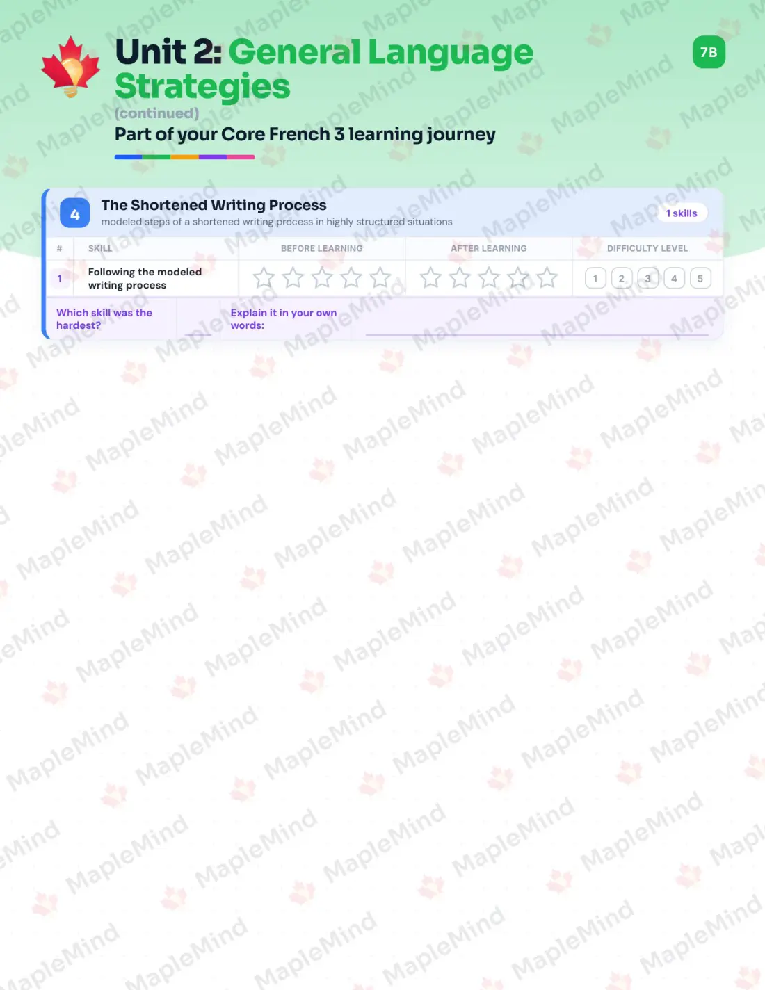 Page 11 of 29 from the Core French 3 Saskatchewan Course Companion — skills tracker with before and after self-assessment