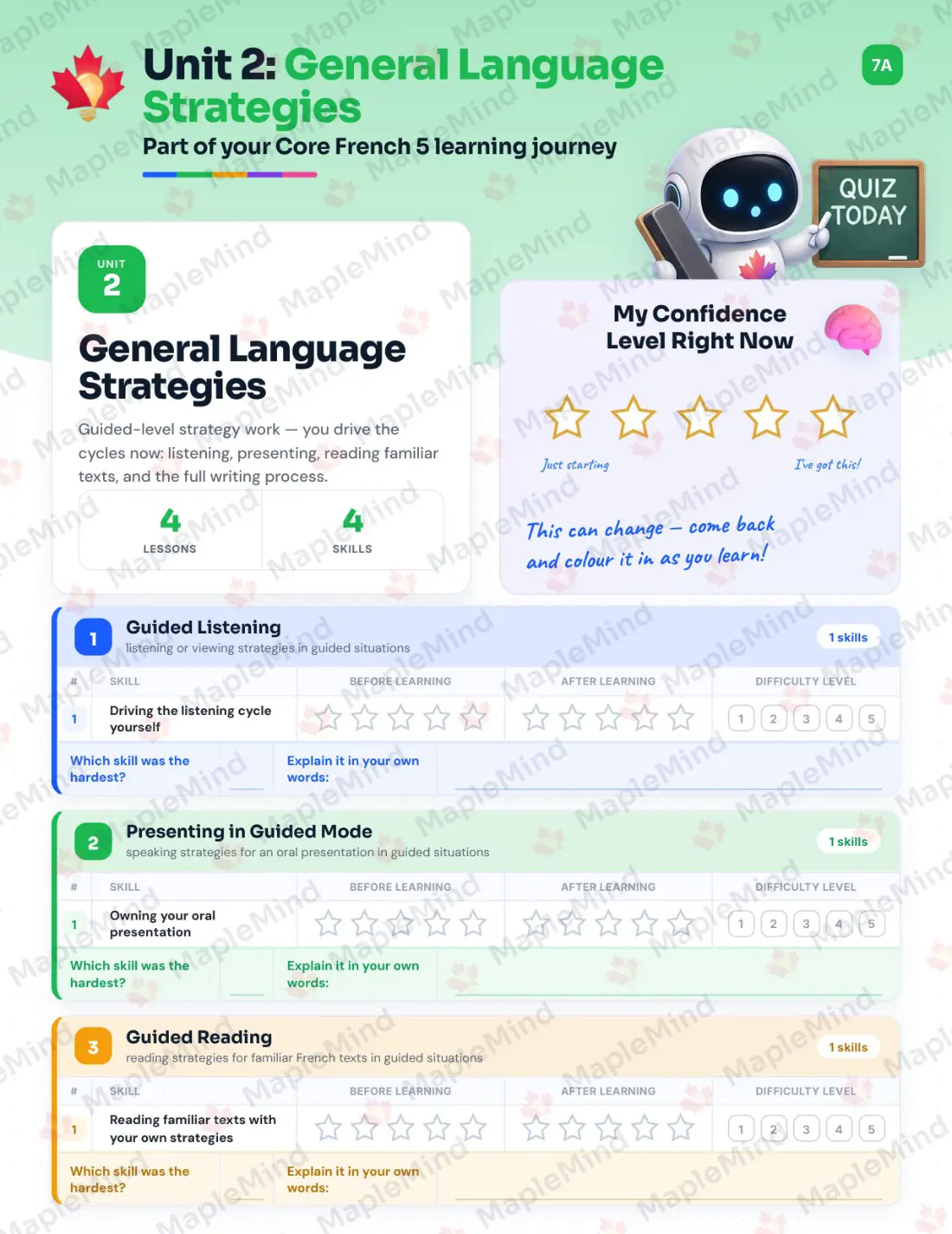 Page 10 of 29 from the Core French 5 Saskatchewan Course Companion — skills tracker with before and after self-assessment