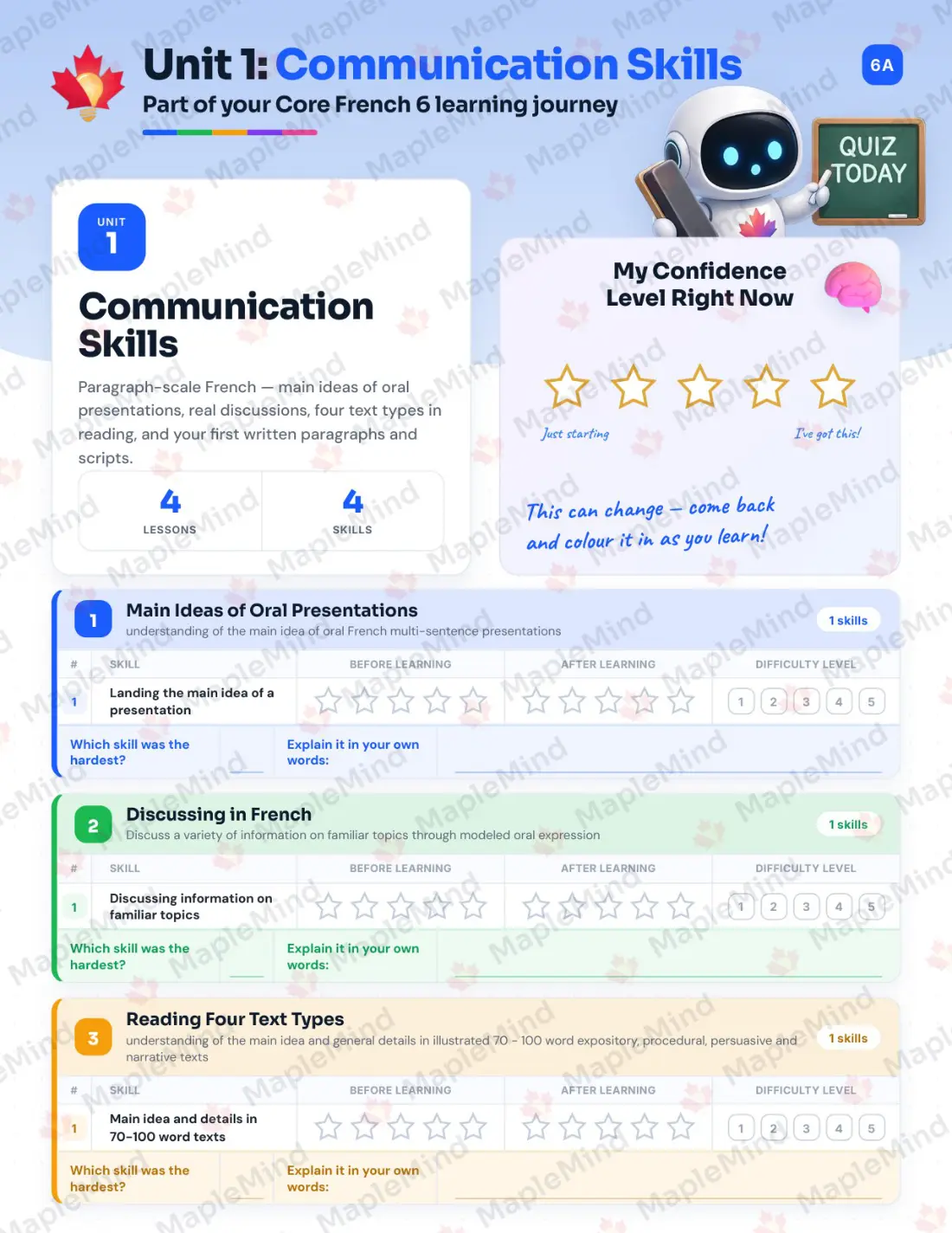 Page 6 of 29 from the Core French 6 Saskatchewan Course Companion — skills tracker with before and after self-assessment