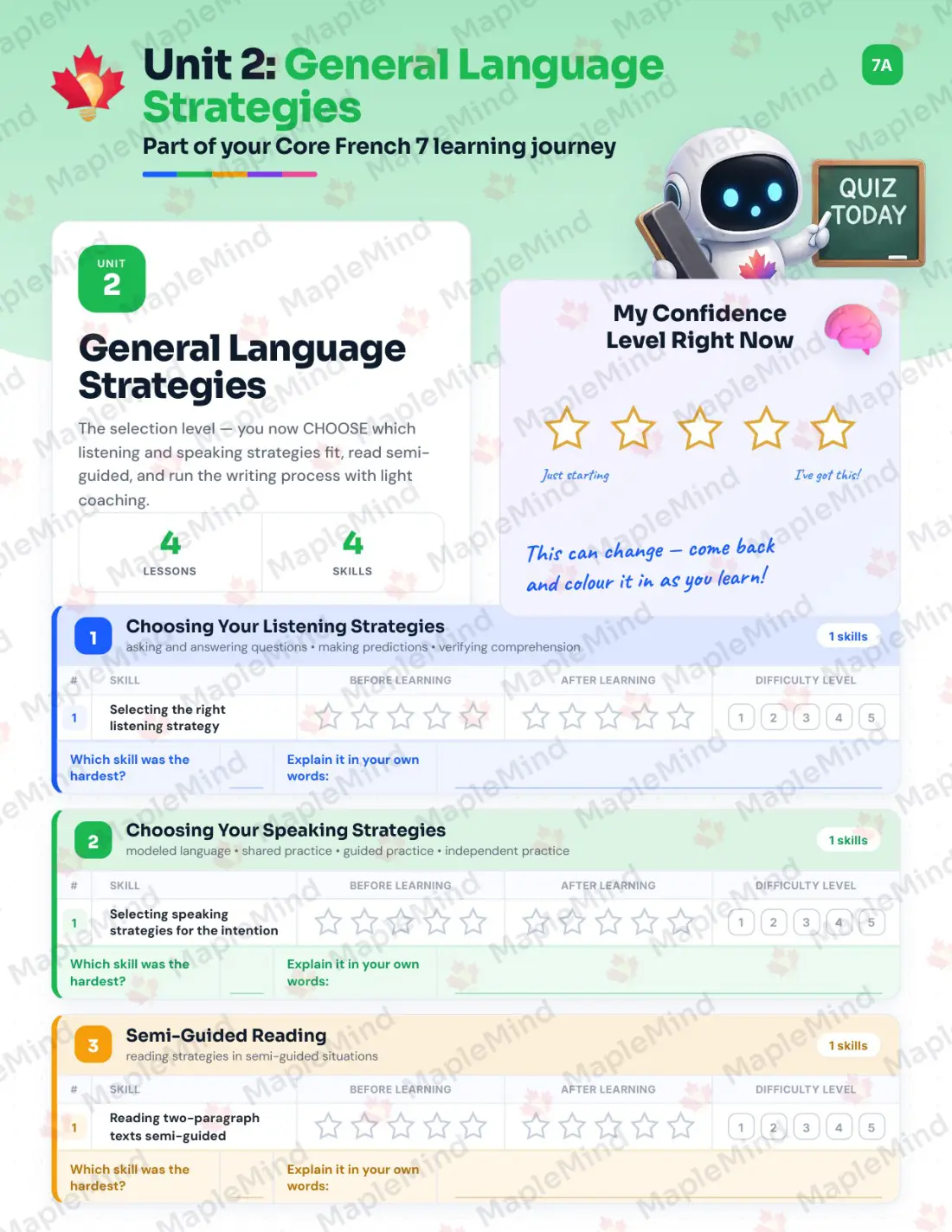 Page 10 of 29 from the Core French 7 Saskatchewan Course Companion — skills tracker with before and after self-assessment