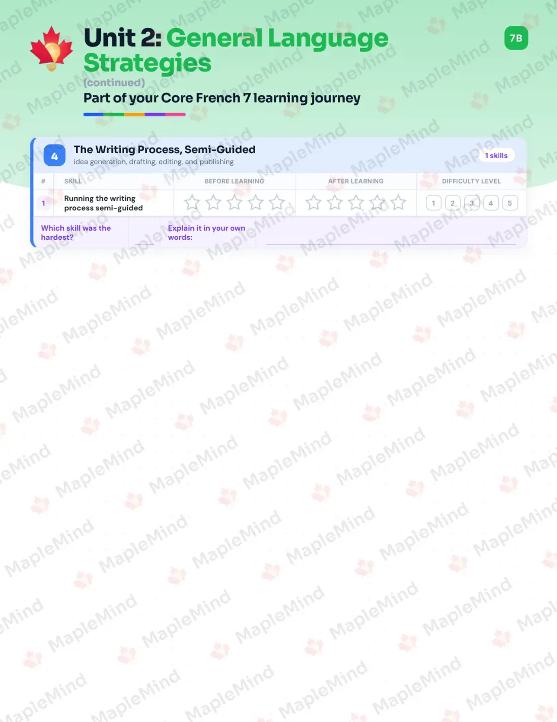 Page 11 of 29 from the Core French 7 Saskatchewan Course Companion — skills tracker with before and after self-assessment